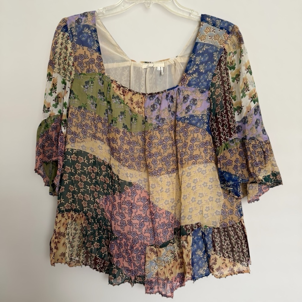 Anthropologie Floreat Patchwork Peasant Top Size Small Floral Beaded Hem Boho